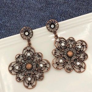 🍀  Copper Filigree Rhinestone Statement Earrings